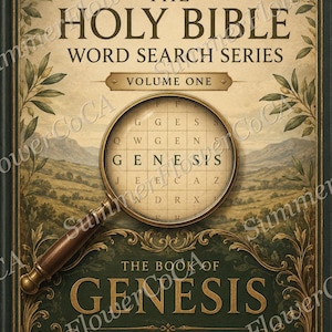 Op de afbeelding: Een boekomslag getiteld The Holy Bible Word Search Series Volume One, met een vergrootglas over een raster waarin het woord Genesis is gemarkeerd. Het ontwerp bevat groen-gouden versierde randen, een landschapsillustratie en tekst.