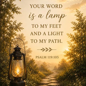 Può includere: Una lanterna in metallo scuro con una fiamma luminosa poggia su una pietra accanto a un sentiero in pietra che conduce verso un tramonto dorato. Il testo recita: YOUR WORD is a lamp TO MY FEET AND A LIGHT TO MY PATH. PSALM 119:105.