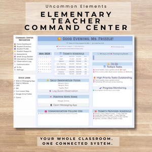Peut inclure: Un tableau de bord numérique Elementary Teacher Command Center comprenant des sections pour la navigation, des liens rapides, un emploi du temps quotidien, des listes de tâches, des priorités, le suivi des progrès et le suivi des communications.