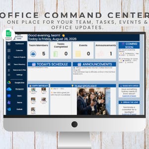 May include: A computer monitor displaying an Office Command Center dashboard with sections for team members, tasks, events, and announcements. The interface includes a sidebar, a team spotlight photo, and text reading Office Command Center.