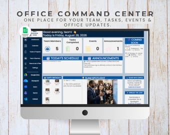 Op de afbeelding: Een computermonitor die een Office Command Center-dashboard weergeeft met secties voor teamleden, taken, evenementen en aankondigingen. De interface bevat een zijbalk, een team-spotlight-foto en de tekst Office Command Center.