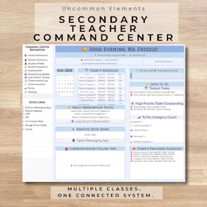 May include: A digital teacher command center dashboard featuring a light blue and white layout. It includes sections for a daily schedule, student directory, task lists, communication follow-ups, and quick links for classroom management and organization.