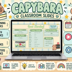 Editable Canva Classroom Slides | Capybara Theme, Morning, Math, ELA, Centers (Digital Download)