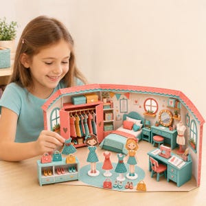 Puede incluir: Un set de juego de casa de muñecas de papel con dormitorio y vestidor, incluyendo muebles en miniatura como cama, tocador, armario, escritorio y máquina de coser. Incluye dos muñecas de papel, varios conjuntos, bolsos y zapatos en tonos pastel.