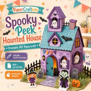 Könnte beinhalten: Ein druckbares DIY-Papierbastelset Spooky Peek Haunted House mit einem lila Haus mit türkisfarbenem Dach, interaktiven Geistern, einer schwarzen Katze, einer Vampirfigur, einer Hexenfigur, einem Kürbis und Grabsteinen. Text: PaperCraftoria.