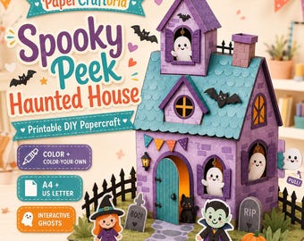 May include: A printable DIY papercraft Spooky Peek Haunted House kit featuring a purple house with a teal roof, interactive ghosts, a black cat, a vampire figure, a witch figure, a pumpkin, and tombstones. Text includes PaperCraftoria Spooky Peek.