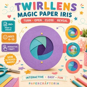 May include: A Twirllens Magic Paper Iris craft kit featuring a purple circular paper mechanism with an adjustable iris center. The design includes text: Turn, Open, Close, Reveal, Interactive, Easy, Fun, and Papercraftoria, with A4+ print and create icons.