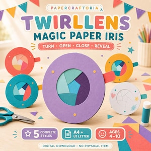 May include: A digital download kit for Twirllens Magic Paper Iris crafts. The image displays five circular paper iris mechanisms in purple, red, teal, yellow, and white, featuring colorful internal segments. Text includes '5 Complete Styles' and 'A4 + US Letter'.
