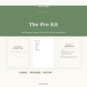 以下が含まれることがあります： 「The Pro Kit」というタイトルのデジタルビジネスツールキット。The Planner's Professional Toolkit、使用ガイド、The Planner's Fillable Forms Packの3つのドキュメントで構成されています。3つの製品、436個のフォームフィールドが含まれ、ExcelおよびPDF形式で提供されます。