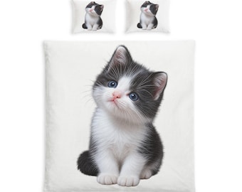 Cute Kitten Bedding Set, Minimalist Cat Duvet Cover with Pillowcases, Animal Home Decor, HBS