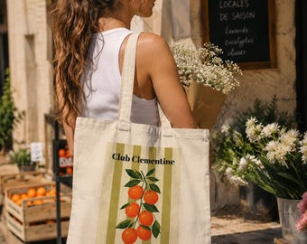 Club Clementine Cotton Tote Bag | Vintage Citrus Grove Graphic Grocery Carrier