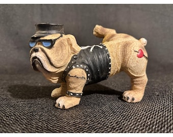 Biker Bulldog Figurine Hat Sunglasses Skull Vest Dog Statue Resin 5.5"