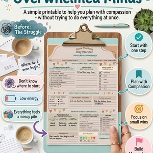 Può includere: Un pianificatore giornaliero Bare Minimum stampabile su una cartellina con sezioni per obiettivi, energia e cura di sé. Il documento include testo come Daily Help for Overwhelmed Minds, Done is Better Than Perfect e Plan Gently.