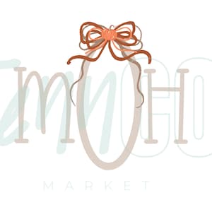 May include: A logo design featuring the text "mHo MARKET" in a light tan font. The letter "O" is replaced by a large, vertical, light tan oval shape topped with a decorative brown ribbon bow and a small orange pumpkin illustration.