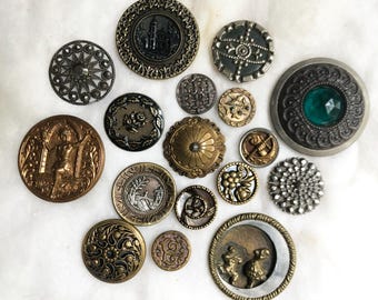 Antique Buttons Group of 17, Metals, Beautiful and
