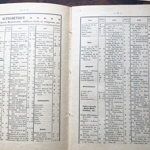 May include: A black and white page from a book with a list of alphabetical monuments, buildings, and other places. The list is in French.