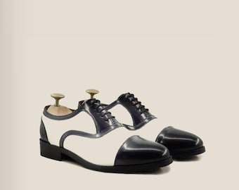 Handmade Men's Double Leather Sole Spectator Shoes, Black and White Cap Toe Oxfords, Two Tone Vintage Saddle Shoes, Bespoke Groom Footwear