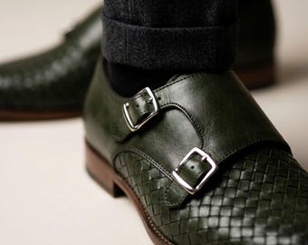 Handmade Men's Woven Double Monk Strap Shoes, Olive Green Leather Dress Shoes, Double Leather Sole Loafers, Bespoke Formal Buckle Shoes