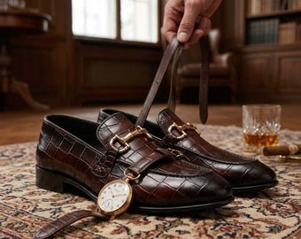 Exotische loafers met krokodillenprint en paardenbitmotief, handgemaakte formele instapschoenen van bruin leer voor heren, luxe smokingschoenen, cadeau voor de bruidegom.