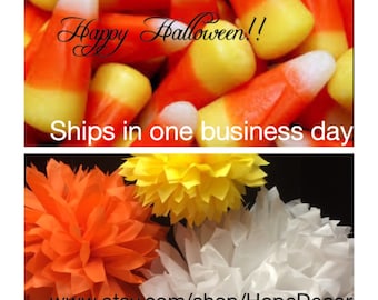 10 Tissue Paper Pom Poms-- Candy Corn Colors or ChooseYour Colors-- Halloween/Anniversary/ Wedding/ Birthday/ Baby Shower Decorations
