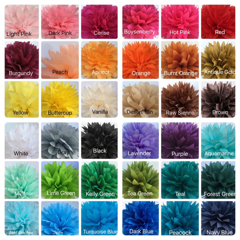 May include: A grid of thirty-six circular paper pom-poms in various colors, each labeled with its specific shade name including Light Pink, Red, Burgundy, Yellow, White, Black, Lavender, Mint, and Navy Blue, arranged in a six-by-six layout.
