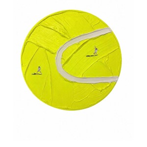 May include: A circular painting featuring a bright neon yellow textured surface with thick impasto brushstrokes. A curved white line mimics the seam of a tennis ball. Two small, detailed figures of tennis players are positioned on the surface.
