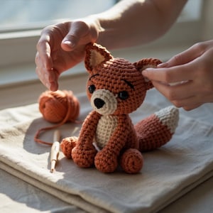 May include: A handcrafted crochet fox toy featuring a burnt orange body, a cream-colored chest and muzzle, and black safety eyes. The fox has pointed ears with cream centers and a bushy tail with a white tip, accompanied by a ball of yarn and a hook.
