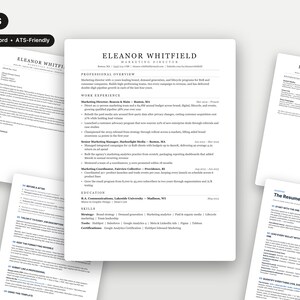 May include: A professional resume template set featuring four documents including a cover letter, a main resume page, and a resume writing guide. The documents are printed in black text on white paper with a clean, structured layout.