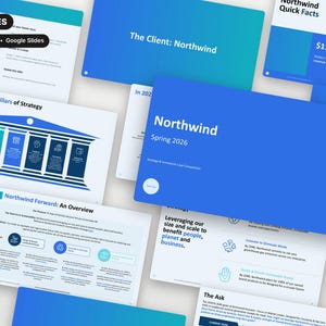 May include: A collection of 15 presentation slides for Northwind Spring 2026, featuring blue and white color schemes. The slides display business strategy, pillars, and facts, including text such as Northwind Quick Facts, $112B, and Northwind Forward.