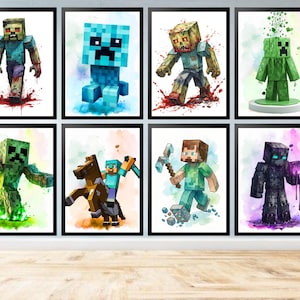 Puede incluir: Un conjunto de ocho láminas decorativas enmarcadas con personajes de Minecraft, incluyendo a Steve, Creepers, un caballo y un Enderman. Cada impresión muestra una ilustración estilo acuarela de las figuras cúbicas sobre un fondo blanco.