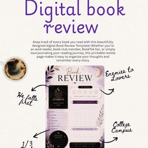 May include: A digital book review template featuring a purple and gold celestial design. The page includes sections for book title, author, genre, rating, and thoughts. Text includes 'Digital book review', 'Book Review', 'My Rating', 'Thoughts & Review', and 'Favorite Quote'.