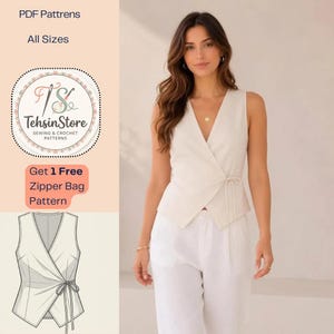 May include: A sleeveless wrap vest in a light cream color featuring a V-neckline and a side tie closure. The garment is shown alongside a technical line drawing of the same vest design, with text indicating PDF patterns and a free zipper bag pattern.