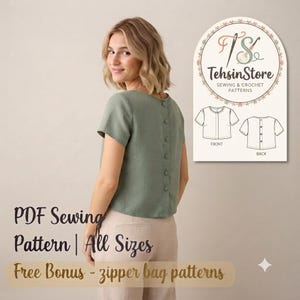 May include: A sage green short-sleeved top with a button-down back, presented as a PDF sewing pattern. The graphic includes the text TehsinStore Sewing & Crochet Patterns, showing front and back views, plus the text PDF Sewing Pattern | All Sizes.