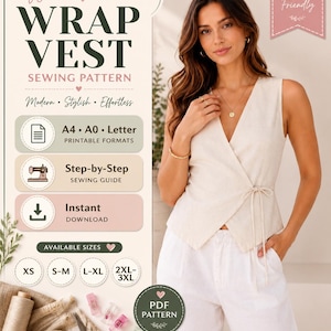 May include: A sewing pattern for a wrap vest with text reading Women's Wrap Vest Sewing Pattern, Beginner Friendly, A4, A0, Letter, Step-by-Step Sewing Guide, Instant Download, and sizes XS to 3XL. The image shows a beige sleeveless wrap vest.