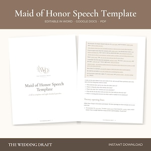 Peut inclure: Un modèle de discours de demoiselle d'honneur numérique comprenant une page de titre avec le texte Maid of Honor Speech Template et une seconde page affichant des sections à remplir, des suggestions d'écriture et vingt phrases d'ouverture.