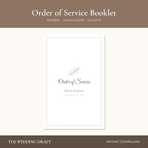 Könnte beinhalten: Ein weißes, rechteckiges Programmheft mit einem dünnen, doppelten Linienrahmen. Der Text lautet Order of Service, Olivia & James und September 18, 2027, mit einer kleinen, linearen Blattgrafik, die über dem Text zentriert ist.