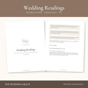 Könnte beinhalten: Ein digitales Dokument mit dem Titel Wedding Readings, das fünfundzwanzig Zeremonienlesungen aus dem gemeinfreien Bereich enthält. Die Seiten enthalten Text zu Zeremonienanleitungen, spezifische Lesepassagen und das Logo von The Wedding Draft.