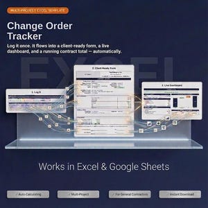 Könnte beinhalten: Eine digitale Excel-Vorlage für mehrere Projekte mit dem Titel Change Order Tracker. Sie zeigt drei Abschnitte: 1. Log It, 2. Client-Ready Form und 3. Live Dashboard, verbunden durch Lichtlinien. Text: Works in Excel & Google Sheets.