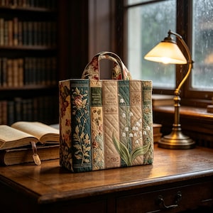 Può includere: Una borsa tote trapuntata rettangolare con un motivo verticale di dorsi di libri antichi in tonalità di verde, beige e marrone. Il design include fiori di mughetto ricamati e motivi floreali sulla superficie in tessuto con due manici.