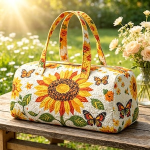 Può includere: Una borsa da viaggio trapuntata con sfondo bianco e una vivace stampa di girasoli e farfalle. La borsa presenta due manici in tessuto coordinato, una base rettangolare e una chiusura superiore con cerniera, con cuciture dettagliate sul tessuto.
