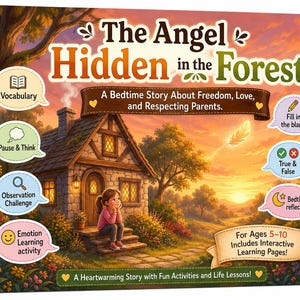 May include: A hardcover book titled The Angel Hidden in the Forest, featuring a sunset forest scene with a stone cottage and a child sitting on the steps. The cover includes interactive activity bubbles like Vocabulary, Pause & Think, and True & False.