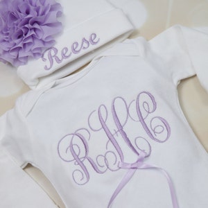 Baby Girl Personalized  Gown Baby Girl Gown Set White Embroidered Infant Gown Monogram Set and Matching Hat