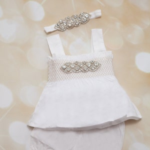 Baby Girl White Romper Set Baby Girl Rhinestone Romper Set Infant Two Piece Set with Chiffon Flowers and Matching Rhinestone Headband image 8