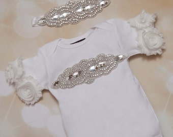 Baby Baby meisje Layette witte katoenen een stuk met grote Rhinestone stoffen