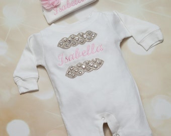 Personalized New Baby Gift Baby Girl White Cotton Baby Romper with Chiffon and Rhinestone Frame comes with a Matching Hat
