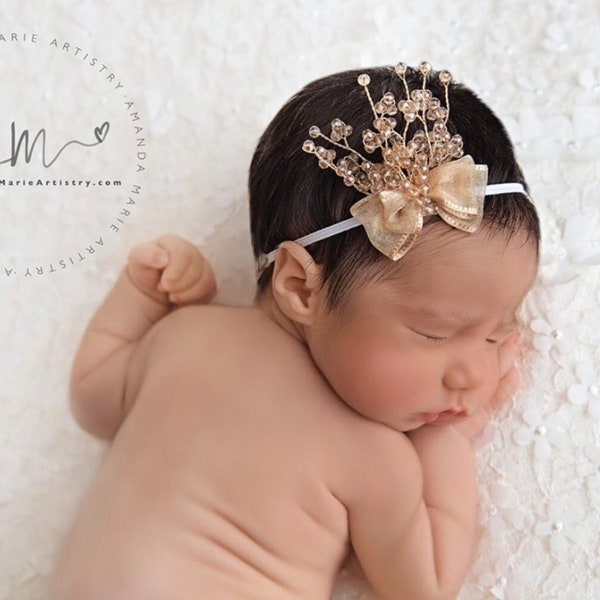Baby Girl Bow and Beads Headband Newborn Beads  Headband with Skinny Elastic Band