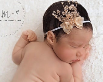 Baby Girl Bow and Beads Headband Newborn Beads  Headband with Skinny Elastic Band