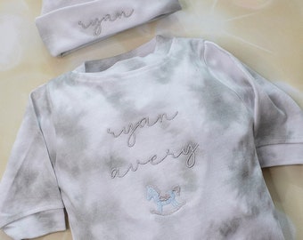 Baby Boy Gift New Baby Tie Dye Romper Personalized Gift Embroidery Newborn Baby Boy Take Home with Matching Personalized Hat