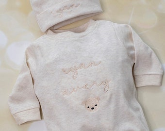 Baby Boy Gift New Baby Oatmeal Romper Personalized Gift Embroidery Newborn Baby Boy Take Home with Matching Personalized Hat