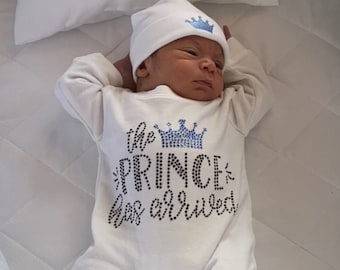 Personalized Baby Boy Romper Set: Rhinestone Prince Outfit with Crown Hat
